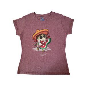 Mexican Skull Cartoon T-Shirt Maroon L 100% Cotton Made In Mexico By Maré Blue